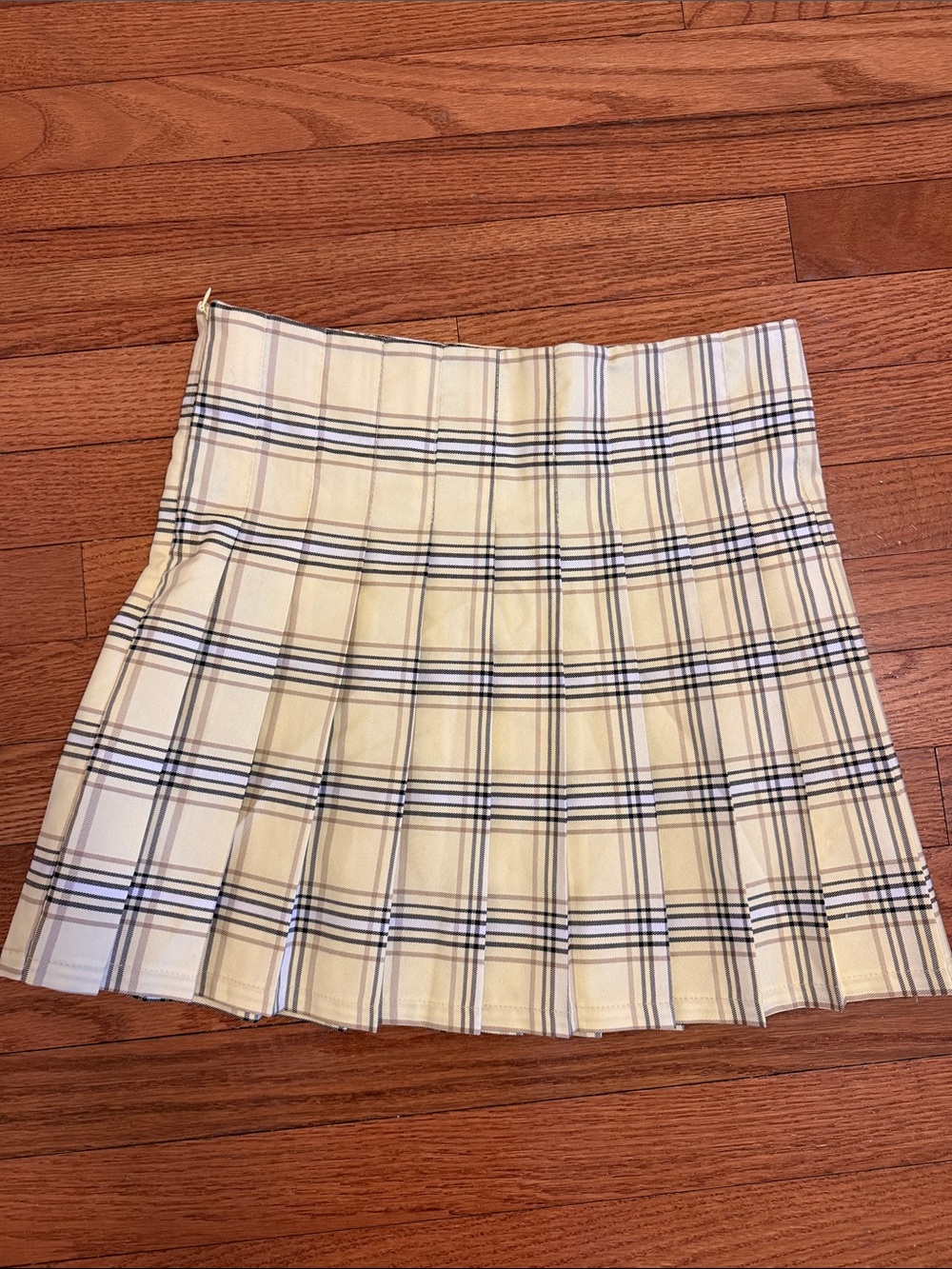 No Boundaries Cream Plaid Pleated Mini Skirt with Navy Lines